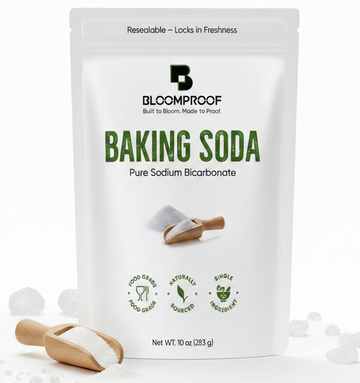 Baking soda package with 'Bloomproof' branding on a white background
