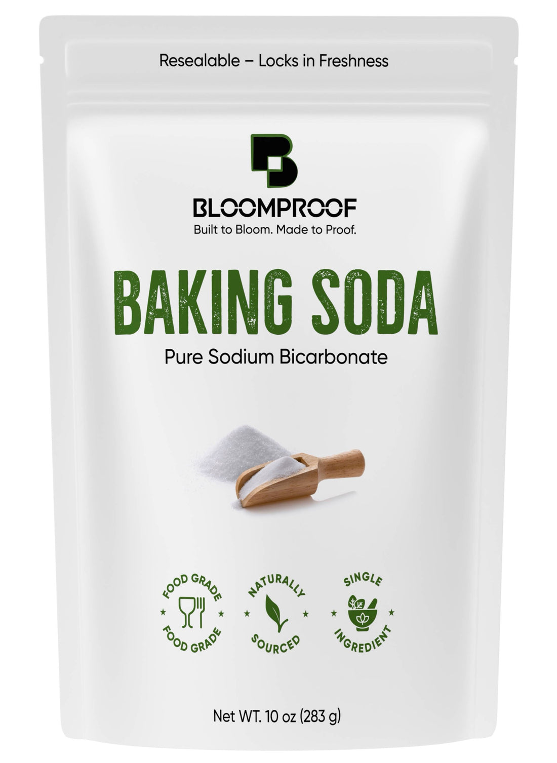 Baking soda package with Bloomproof branding on a white background
