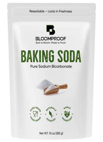 Baking soda package with Bloomproof branding on a white background